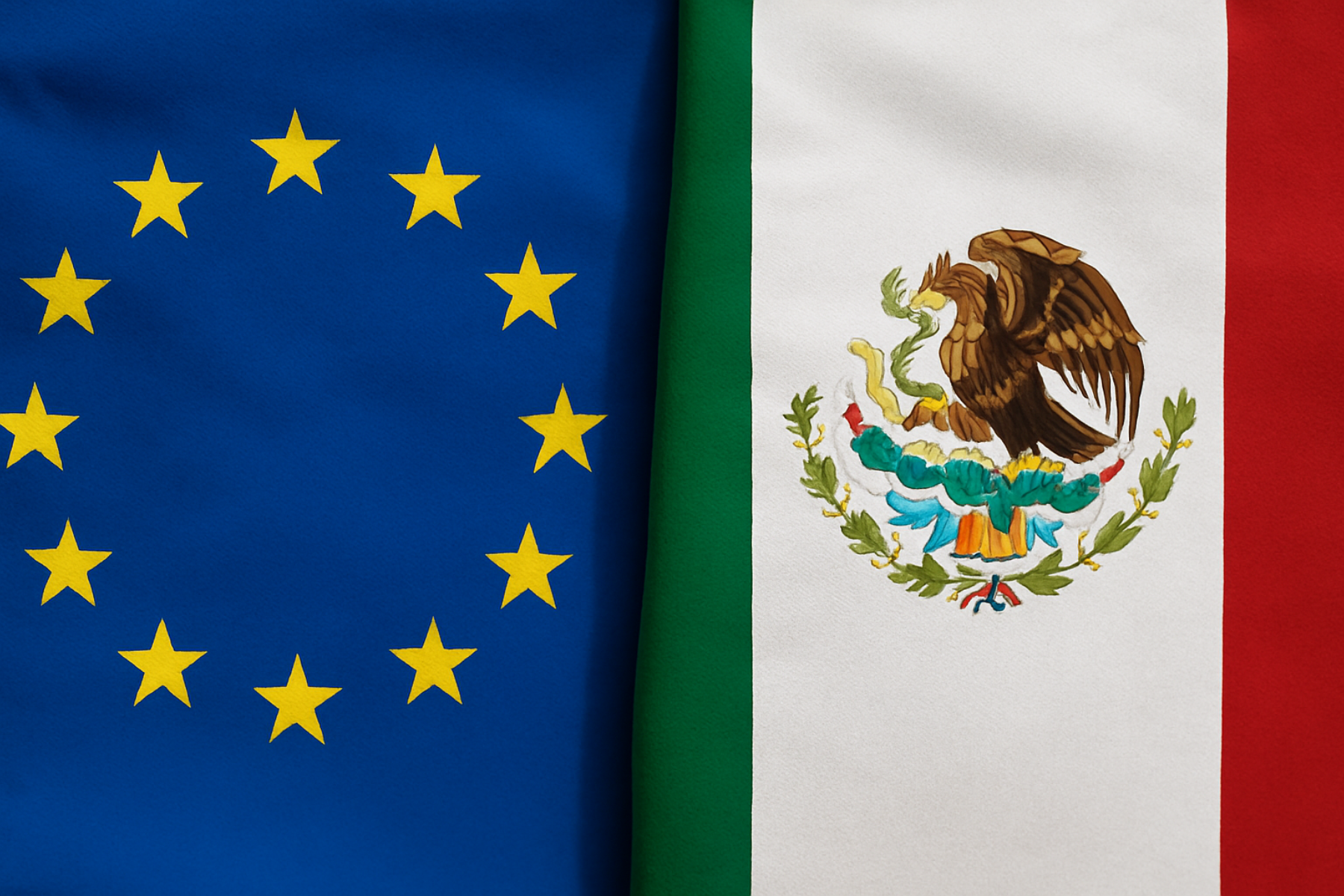 Banderas de México y la Unión Europea desplegadas una junto a la otra, mostrando sus símbolos distintivos