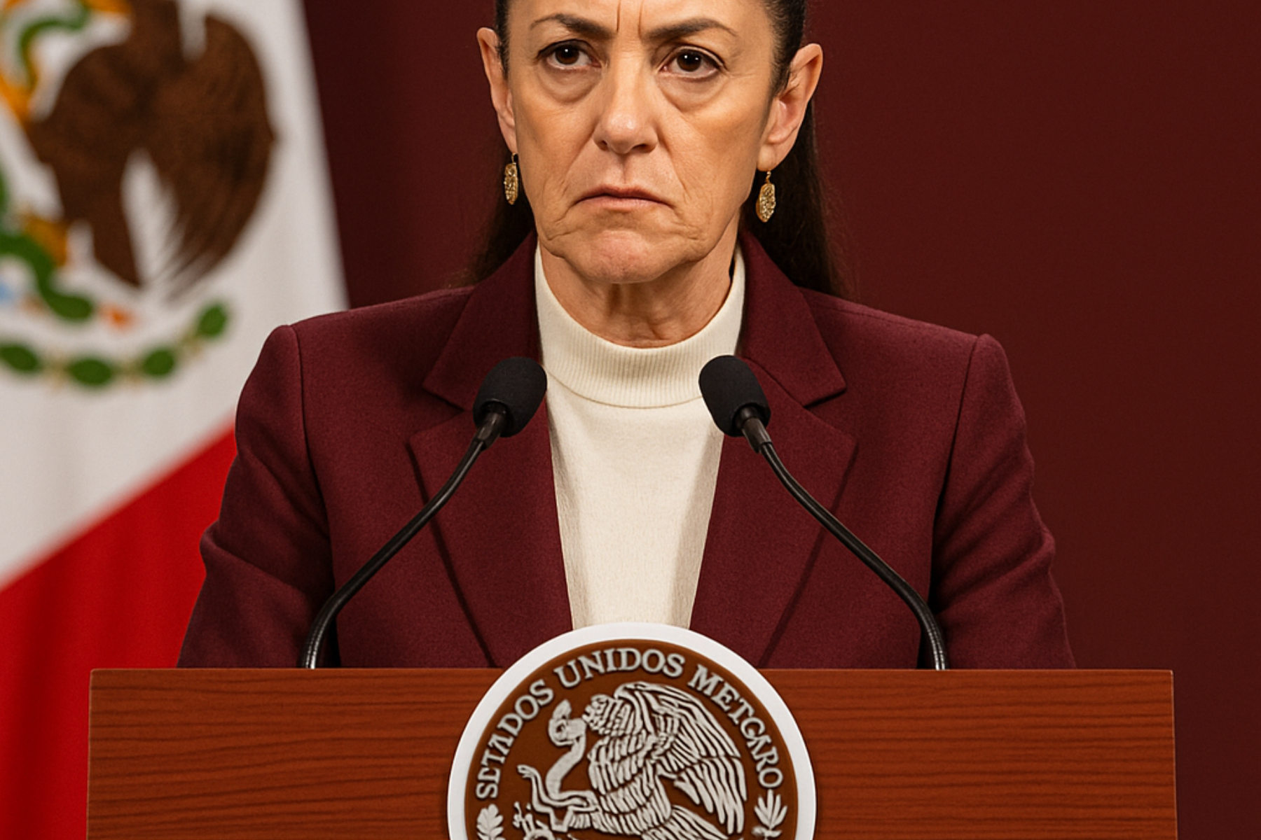 La presidenta de México, Claudia Sheinbaum, con expresión seria y gesto de molestia, habla desde un atril oficial con el escudo nacional, acompañada por la bandera de México de fondo.