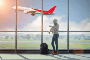 Mujer observando un avión despegando en el Aeropuerto Internacional «Benito Juárez» de la Ciudad de México, tras el anuncio del incremento de operaciones.