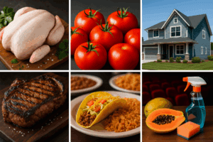 Collage de imágenes que muestra pollo crudo, jitomates, vivienda residencial, carne asada, platillo típico de lonchería con taco y arroz, entradas de cine, papaya y productos de limpieza