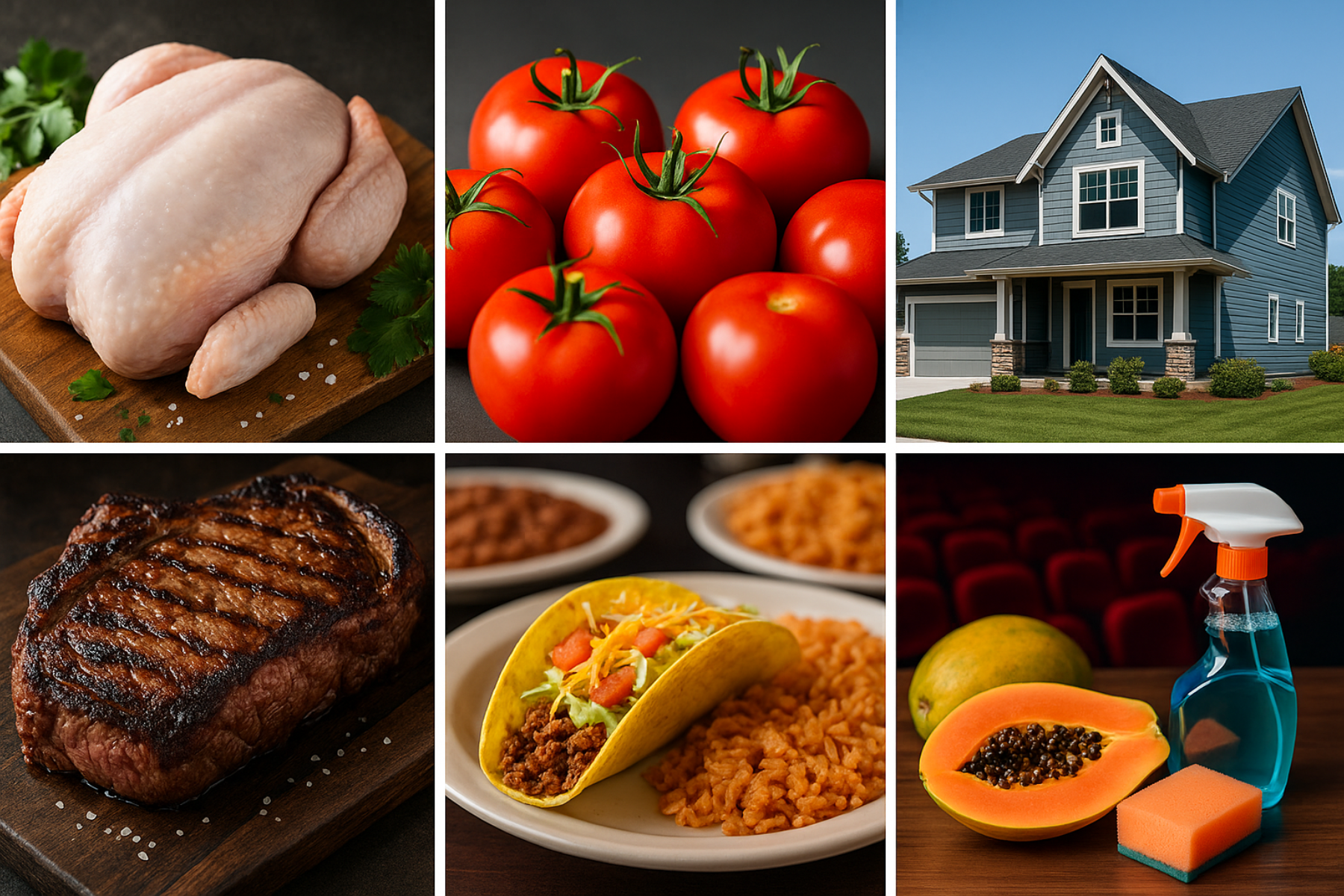 Collage de imágenes que muestra pollo crudo, jitomates, vivienda residencial, carne asada, platillo típico de lonchería con taco y arroz, entradas de cine, papaya y productos de limpieza