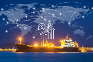 Imagen de un barco de exportaciones cargado de contenedores, rodeado de gráficos de líneas ascendentes y flechas que apuntan a diferentes regiones del mundo, junto a símbolos de dinero.