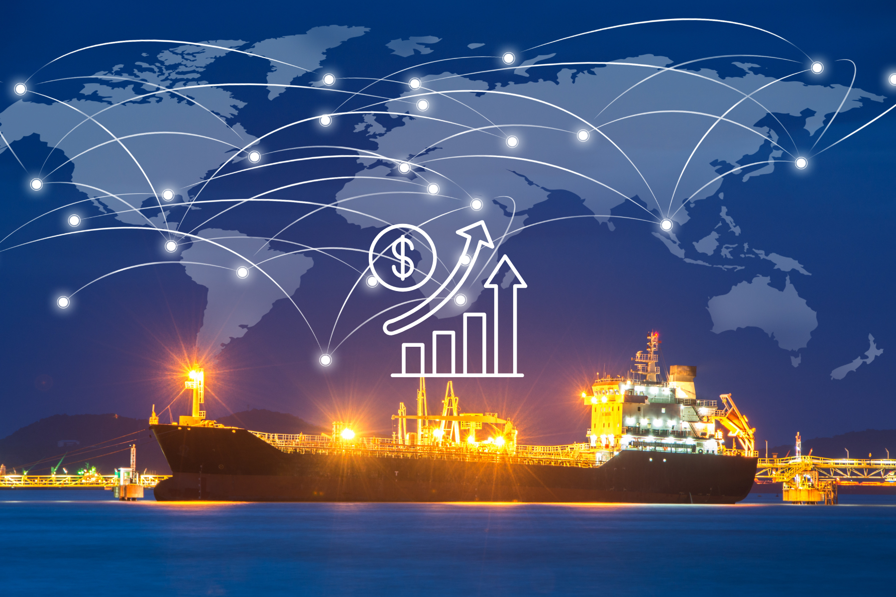 Imagen de un barco de exportaciones cargado de contenedores, rodeado de gráficos de líneas ascendentes y flechas que apuntan a diferentes regiones del mundo, junto a símbolos de dinero.