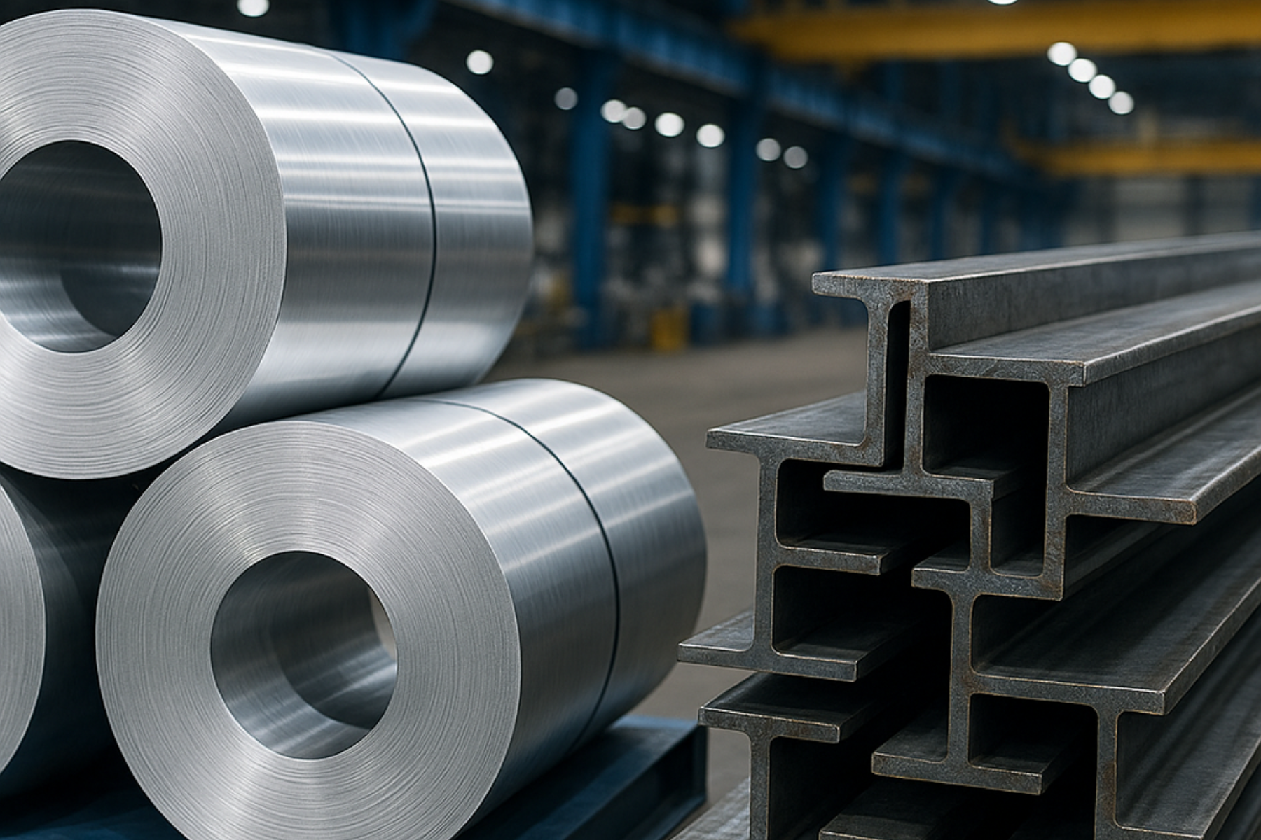 Rollos de aluminio pulido y vigas de acero apiladas dentro de una nave industrial con grúas y estructuras metálicas al fondo.