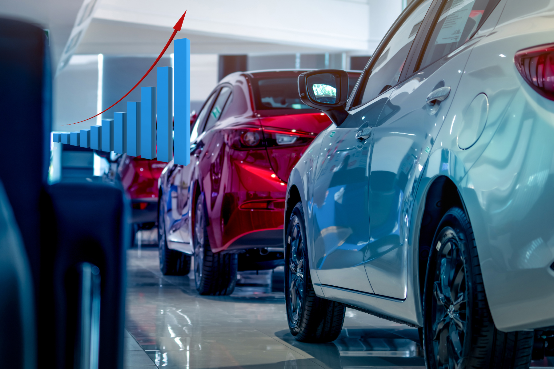 Vista de automóviles estacionados en fila junto a un gráfico de barras ascendentes que representa el crecimiento de la inversión extranjera directa en el sector automotriz en México.
