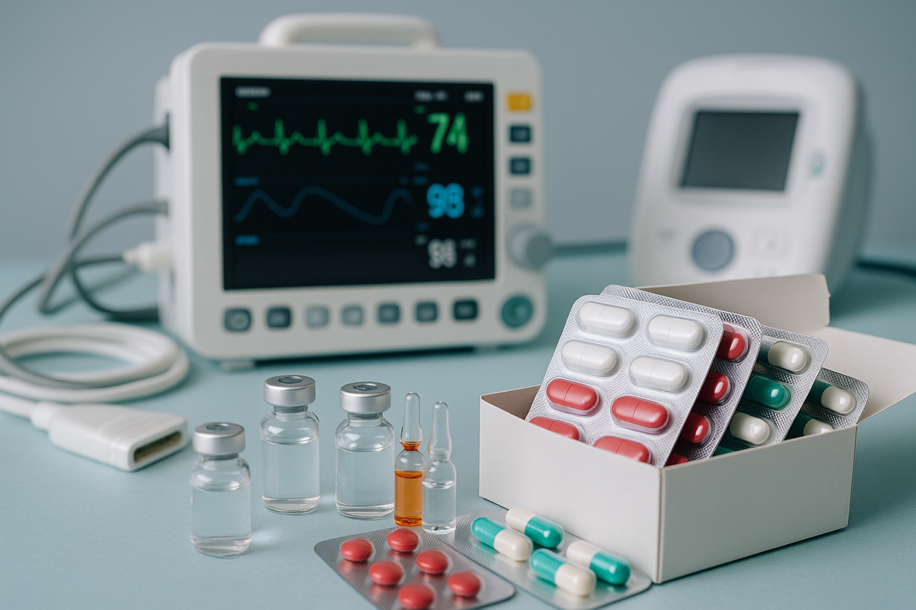 Equipo médico de monitoreo, ampolletas, viales y blísteres de medicamentos organizados sobre una mesa.