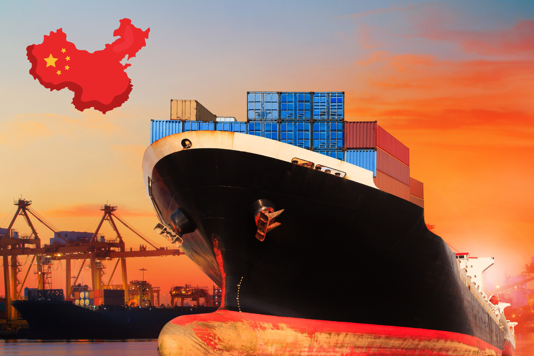 Barco de carga navegando con contenedores, acompañado por un mapa de China en la esquina izquierda que señala rutas comerciales internacionales.