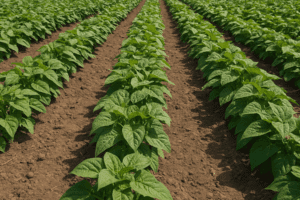 Filas ordenadas de plantas de frijol creciendo en un campo agrícola con suelo fértil y cielo despejado.