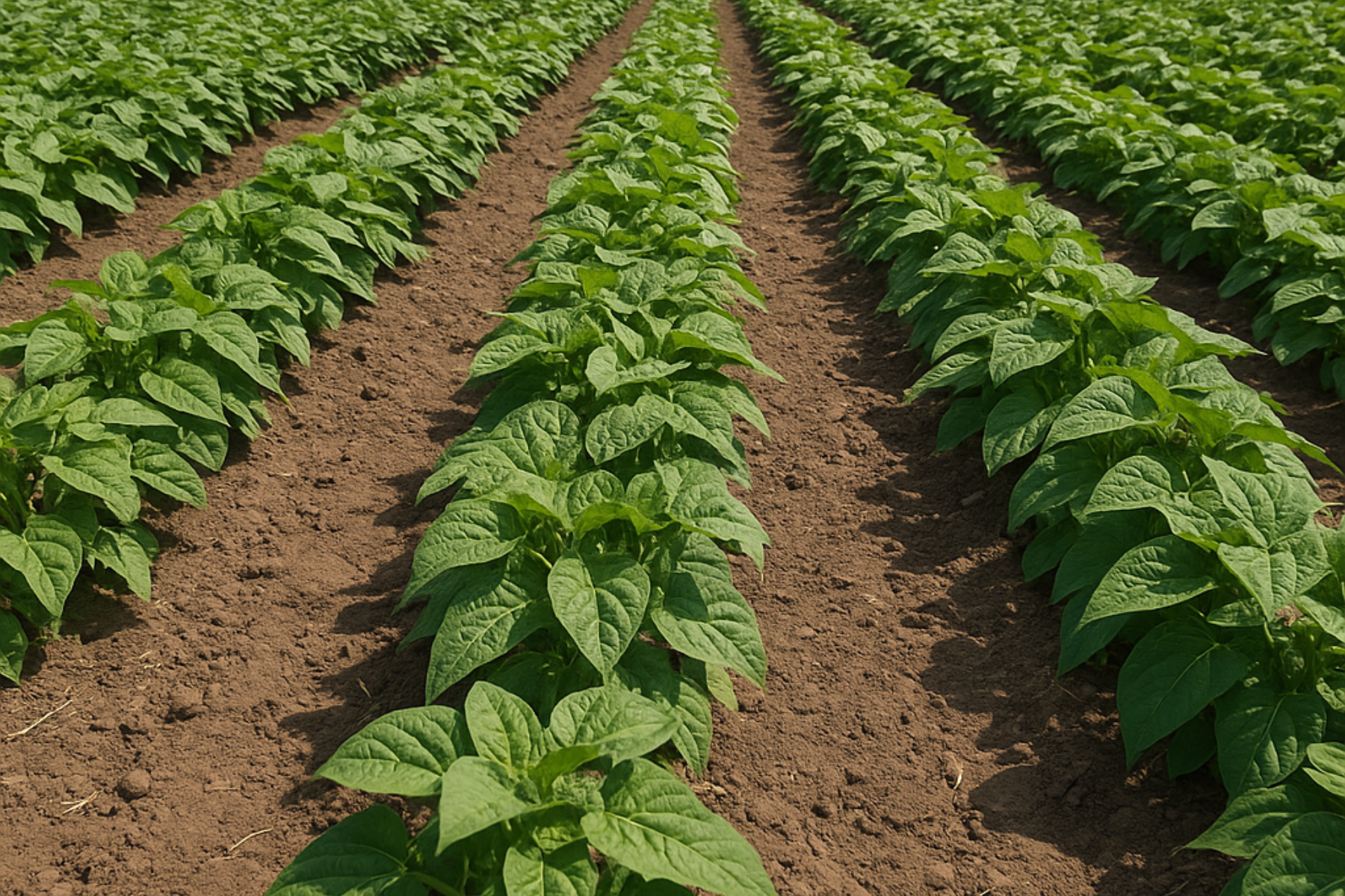 Filas ordenadas de plantas de frijol creciendo en un campo agrícola con suelo fértil y cielo despejado.