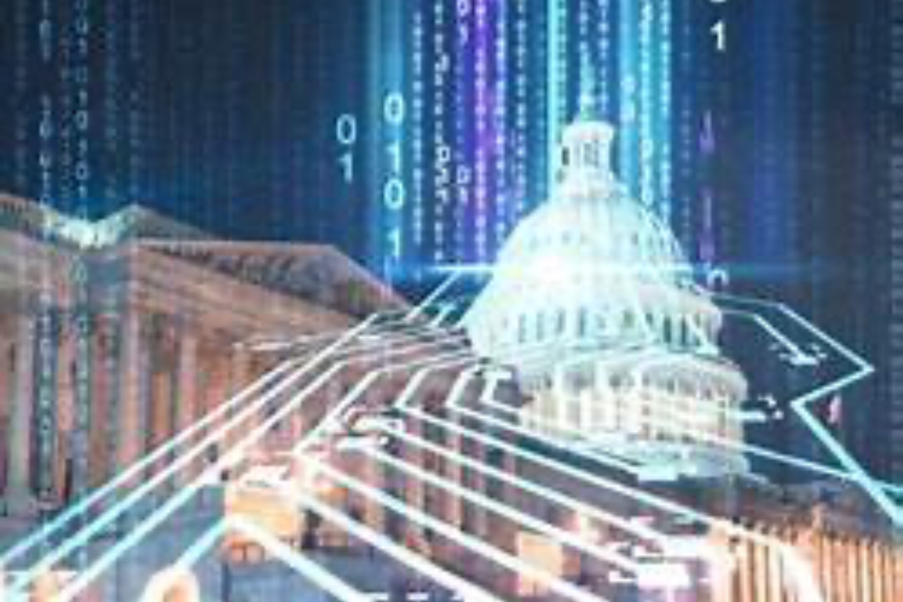 El Capitolio de EE.UU. iluminado de noche, con superposición de elementos digitales que representan la inteligencia artificial.