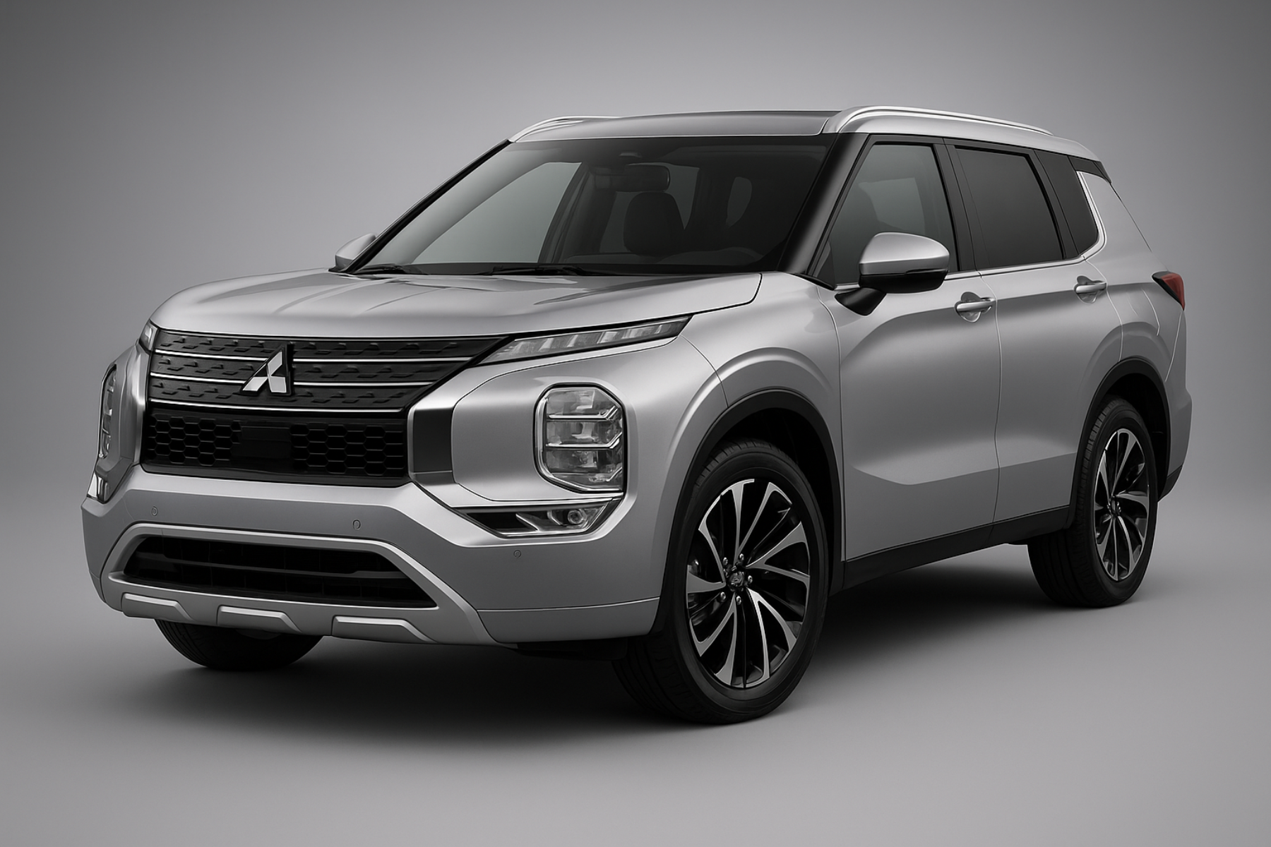 Vehículo Mitsubishi Outlander plateado en estudio, con diseño moderno, faros LED y parrilla distintiva