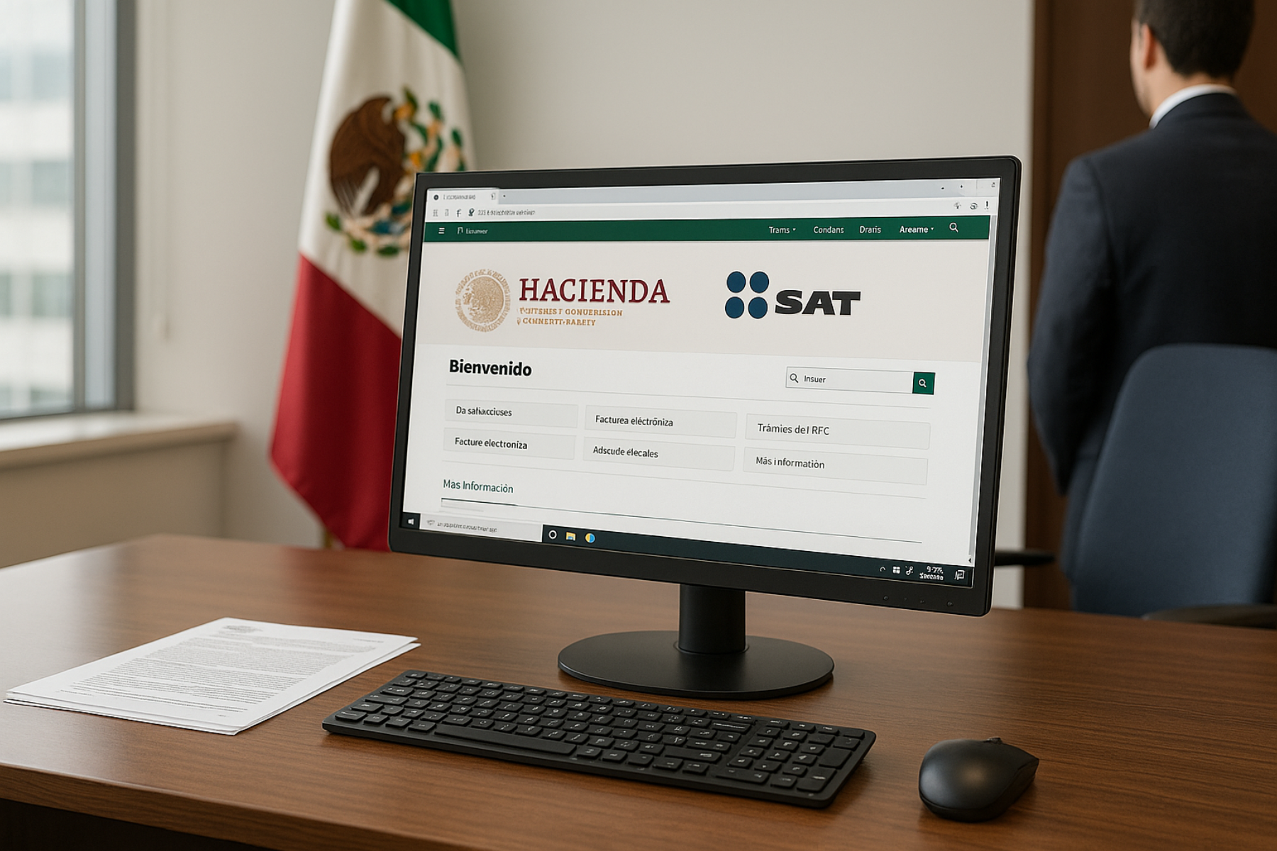 Computadora en oficina gubernamental mostrando el portal oficial del SAT, con bandera de México al fondo.