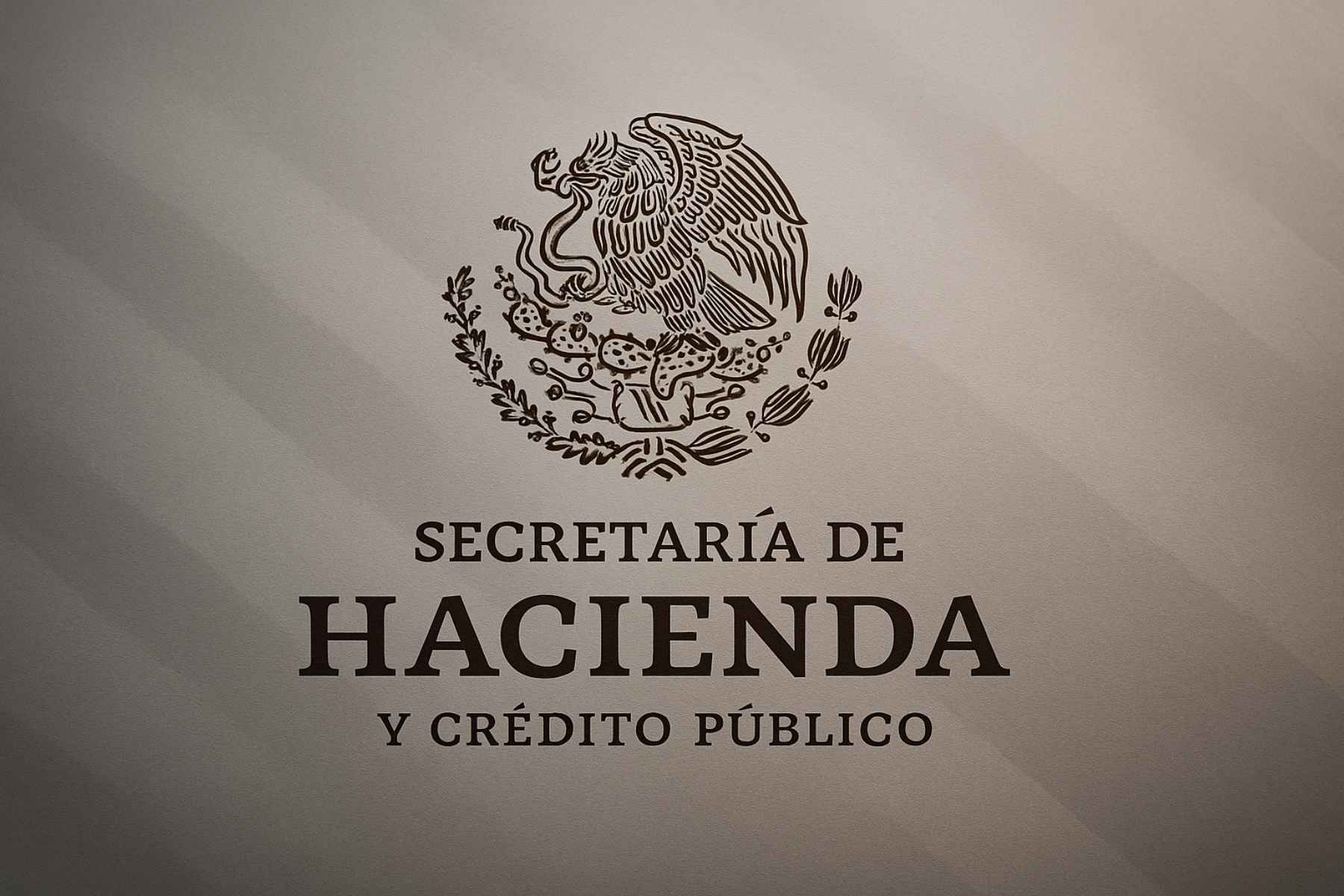 Emblema oficial de la Secretaría de Hacienda y Crédito Público con el escudo nacional de México y tipografía sobria, sobre fondo gris texturizado
