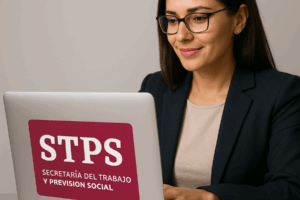 Mujer ejecutiva trabajando en una computadora portátil con el logotipo de la STPS en la pantalla.