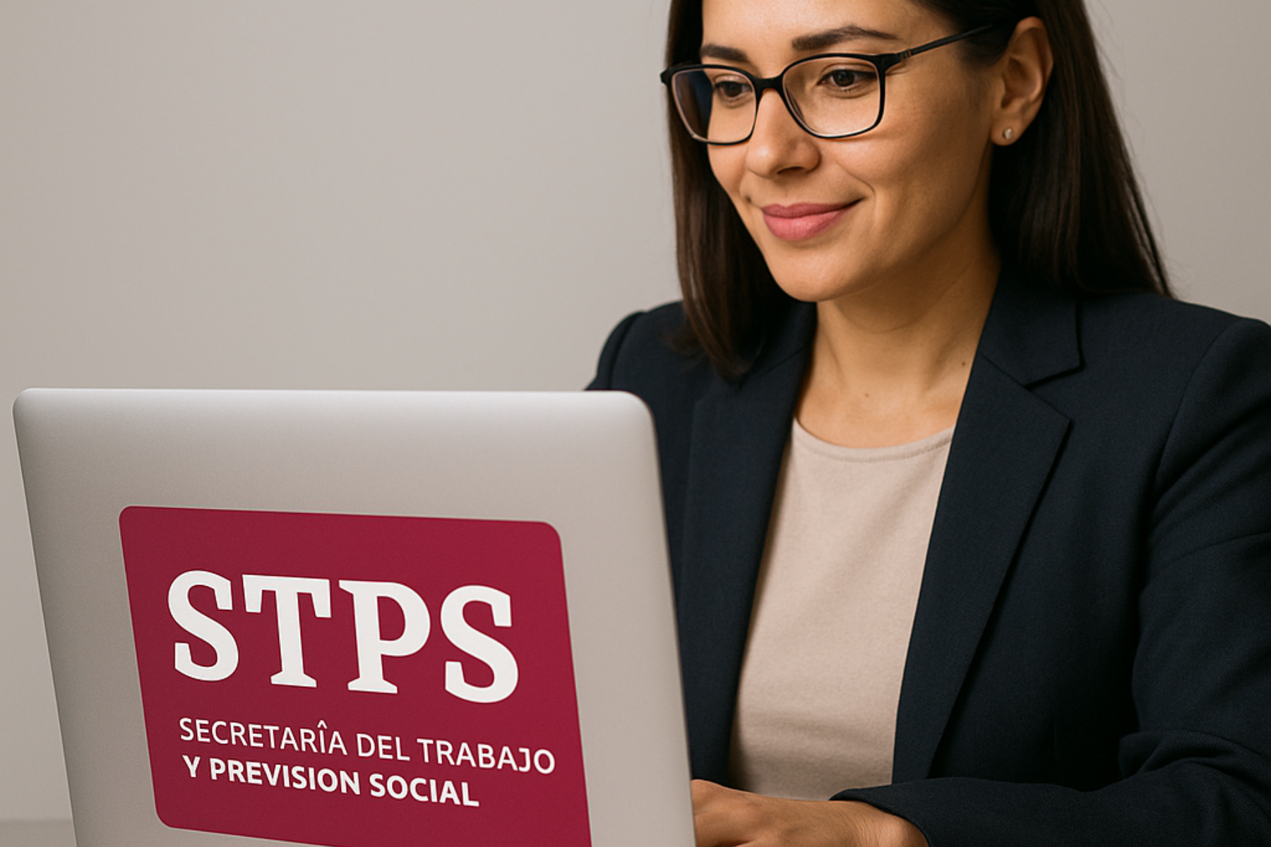 Mujer ejecutiva trabajando en una computadora portátil con el logotipo de la STPS en la pantalla.