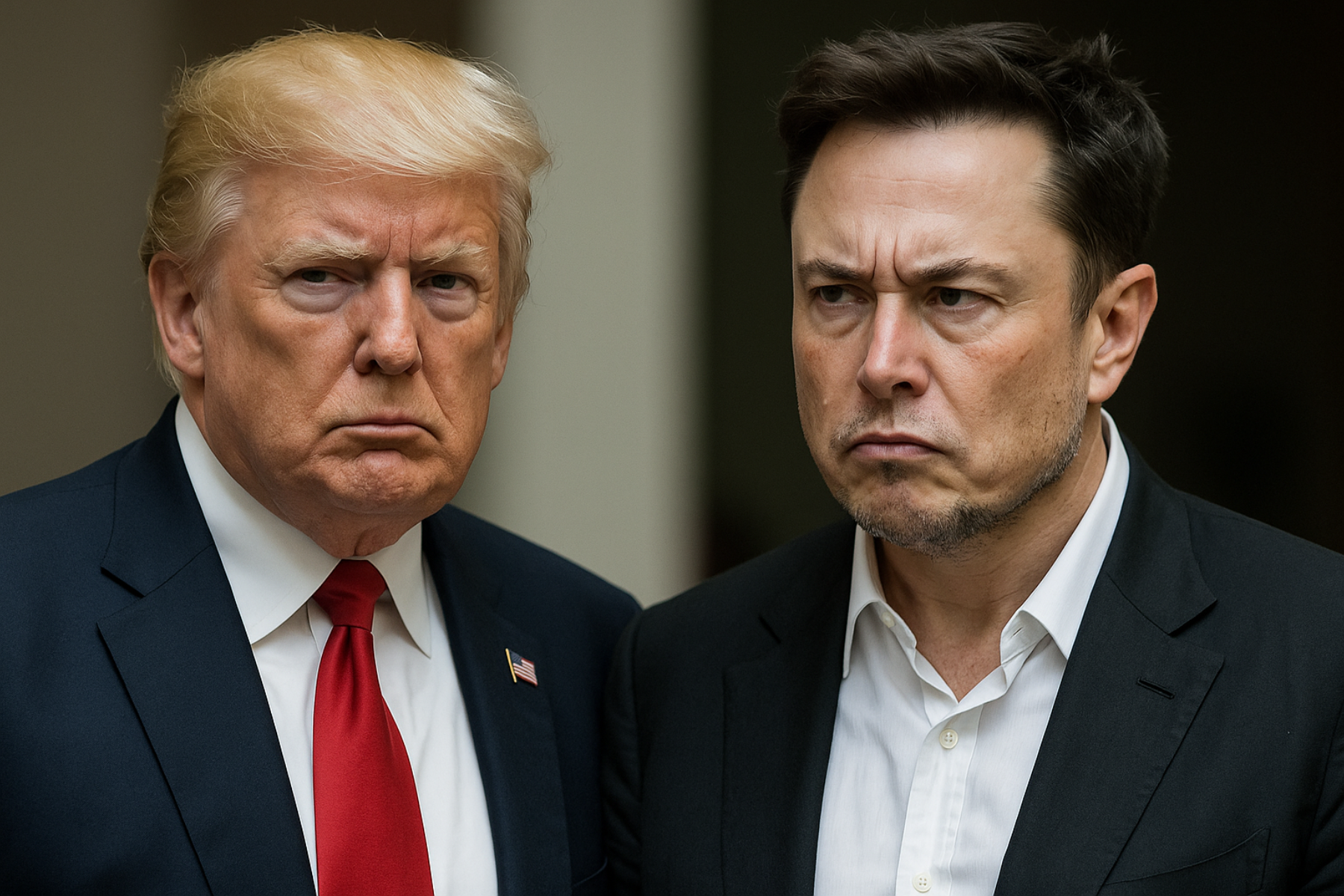 Donald Trump y Elon Musk con expresión seria y enojada durante un momento de tensión política