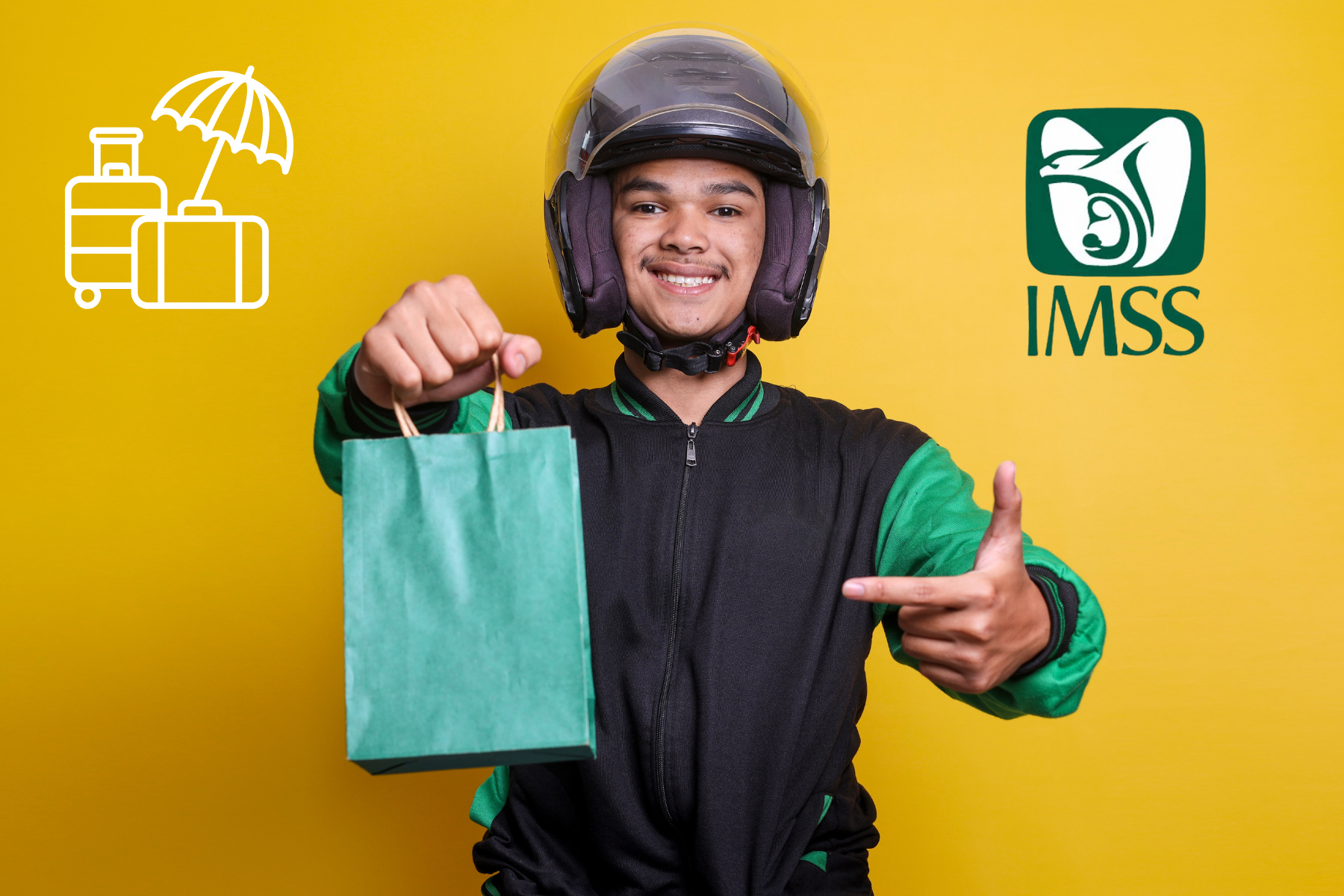 Repartidor de aplicaciones móviles con el logo del IMSS a su derecha y un gráfico de vacaciones pagadas a su izquierda, representando los nuevos derechos laborales establecidos en México a partir de julio de 2025.