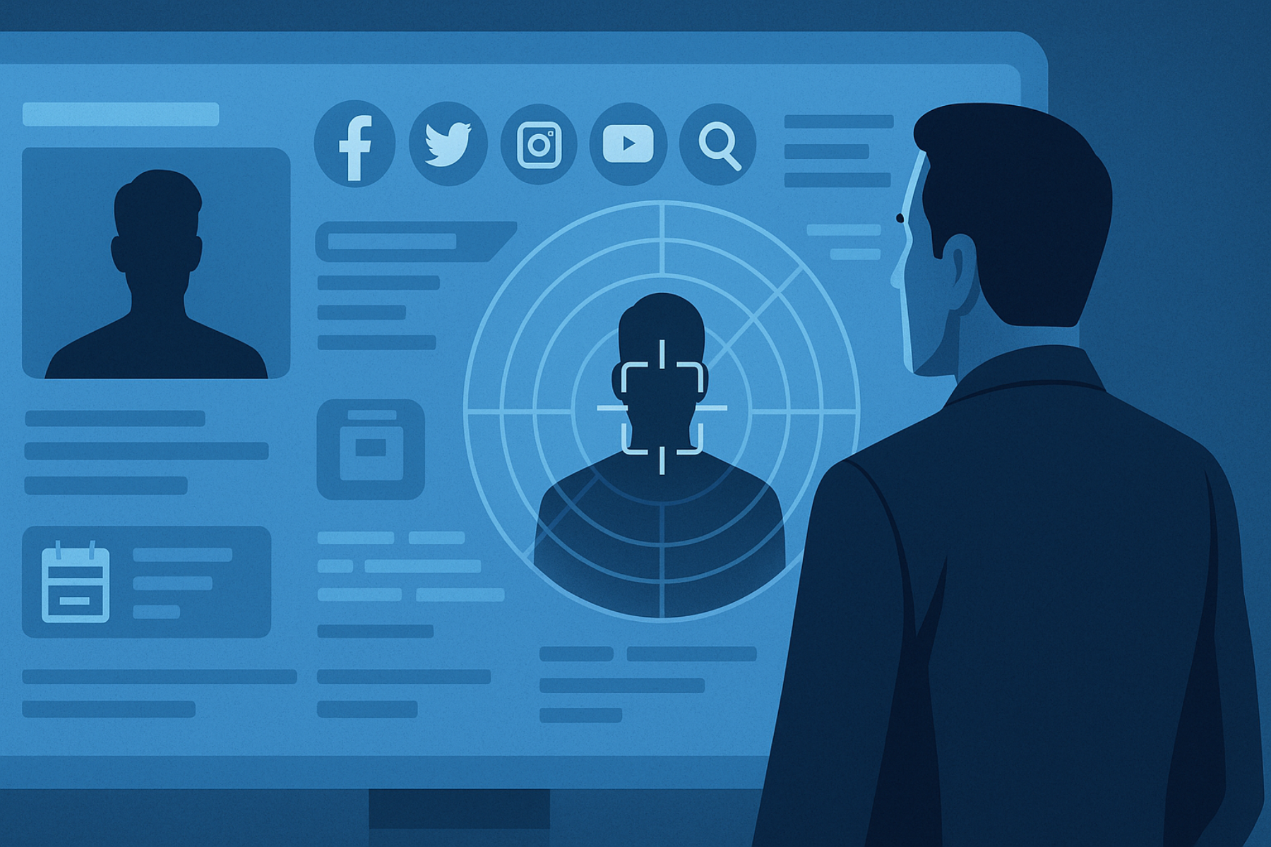 Ilustración de un hombre observando una gran pantalla digital con información personal, perfiles sociales y un objetivo centrado sobre la silueta de otra persona.