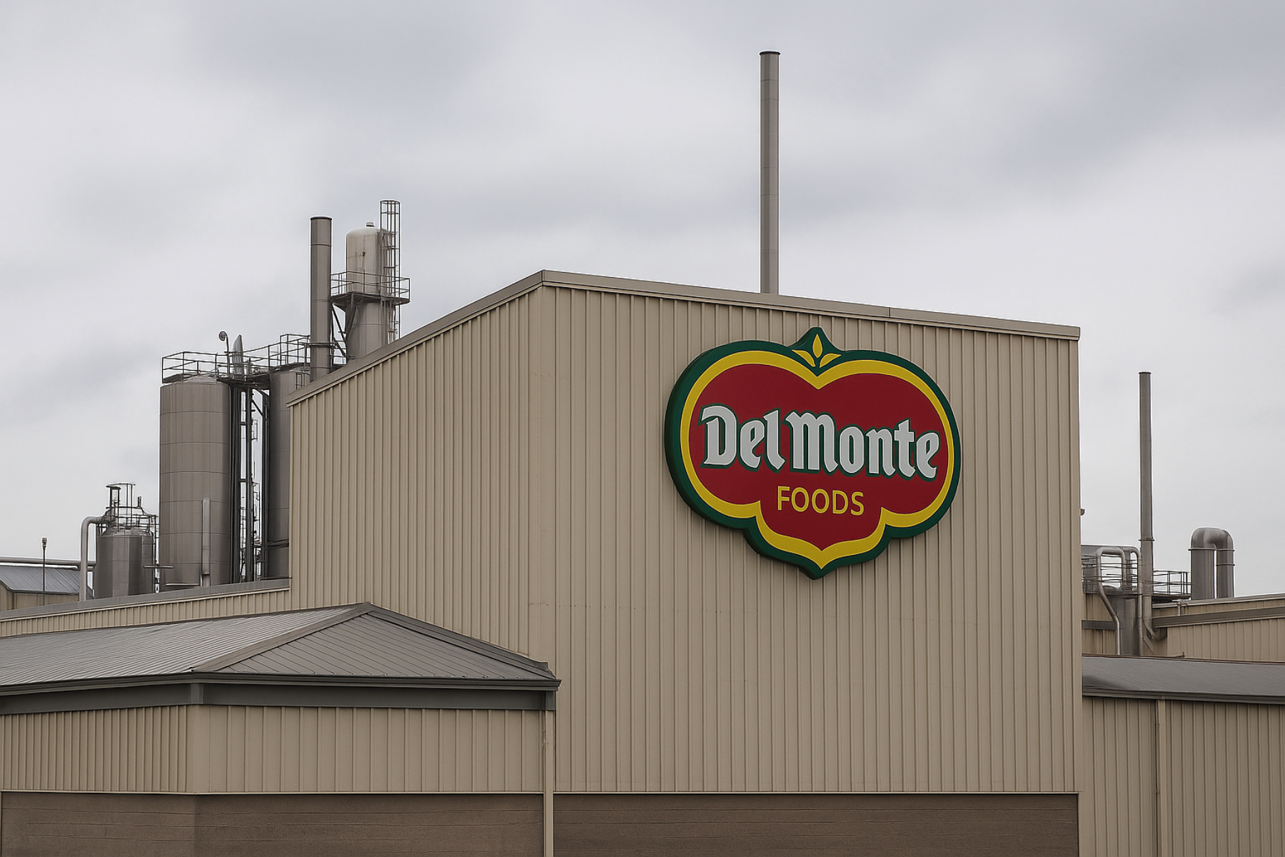 Vista exterior de una planta industrial de Del Monte Foods con tanques metálicos y logotipo visible en la fachada