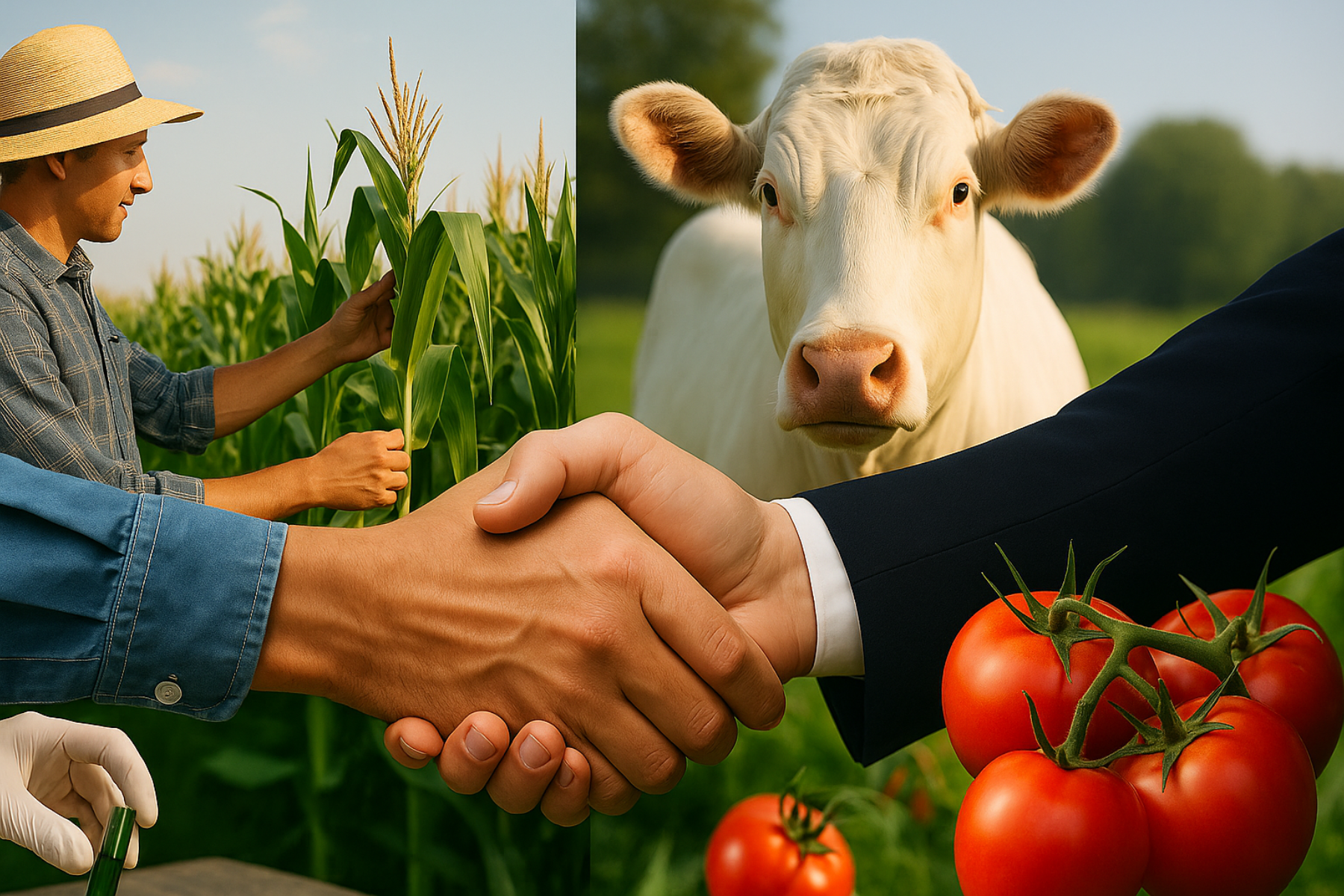 Composición en formato horizontal que muestra un agricultor inspeccionando un cultivo de maíz, una vaca blanca observando al frente, tomates rojos maduros y un apretón de manos entre dos personas, simbolizando colaboración institucional en el sector agroalimentario.