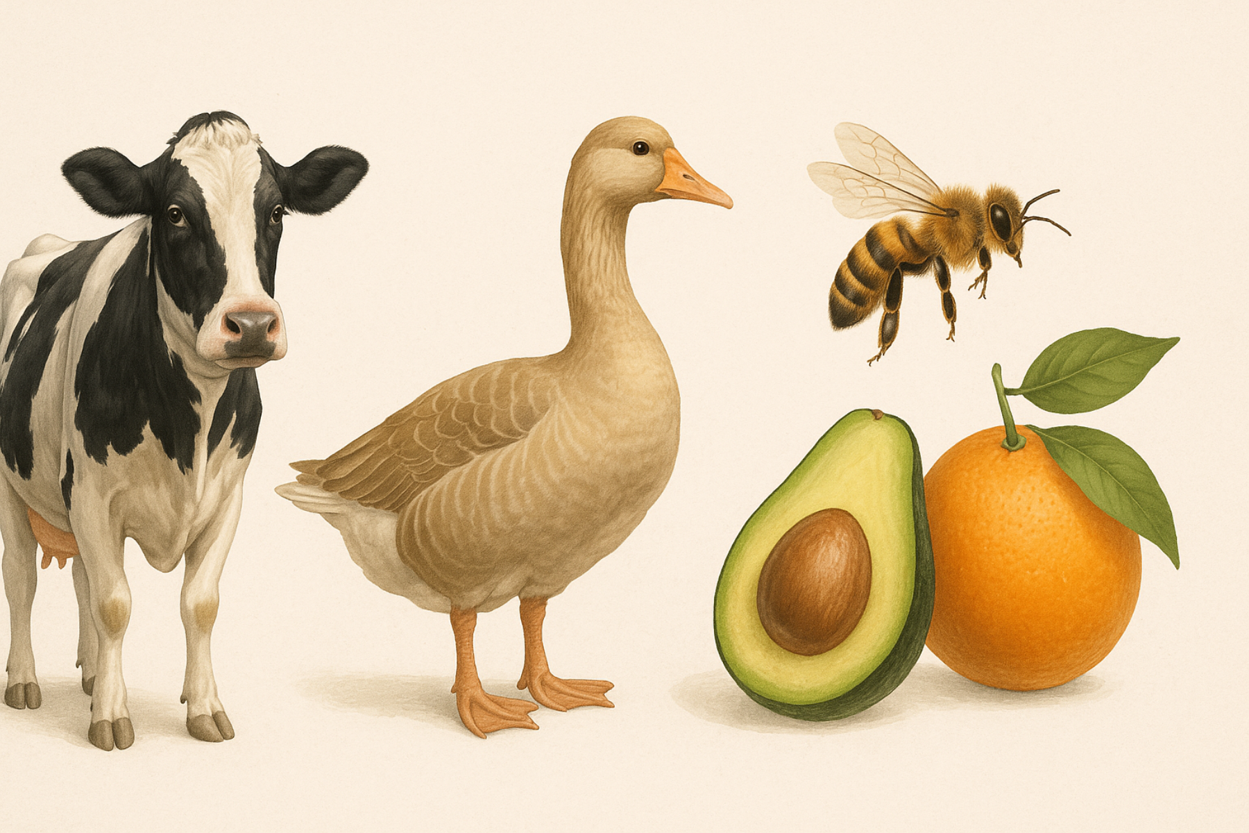 Ilustración realista de una vaca, un ganso, una abeja, un aguacate y una naranja sobre fondo neutro