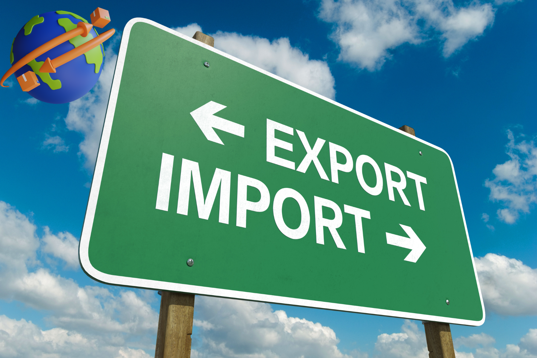 Gráfico de señalización que indica exportación e importación, acompañado de un mapa del mundo estilizado, representando el comercio internacional.