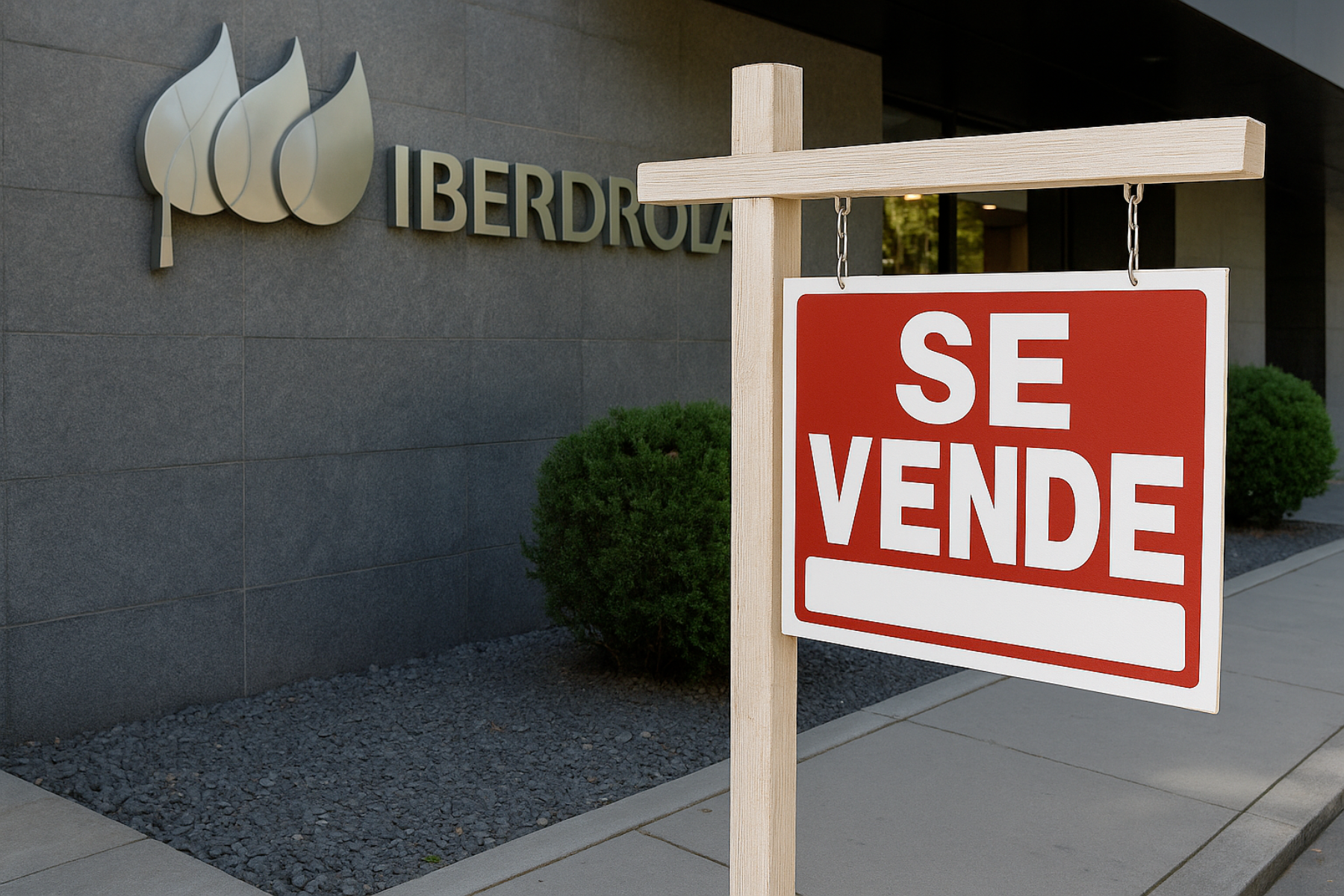 Fachada de un edificio de Iberdrola con un letrero grande de «SE VENDE» en primer plano, sobre una base de madera frente a la entrada.
