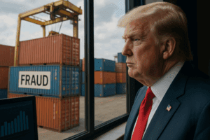 Donald Trump observa con expresión seria un puerto de carga desde una ventana; al fondo se aprecian contenedores apilados, uno de ellos con un letrero que dice «FRAUD».