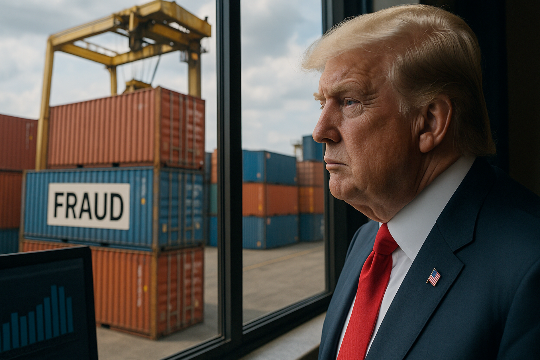 Donald Trump observa con expresión seria un puerto de carga desde una ventana; al fondo se aprecian contenedores apilados, uno de ellos con un letrero que dice «FRAUD».