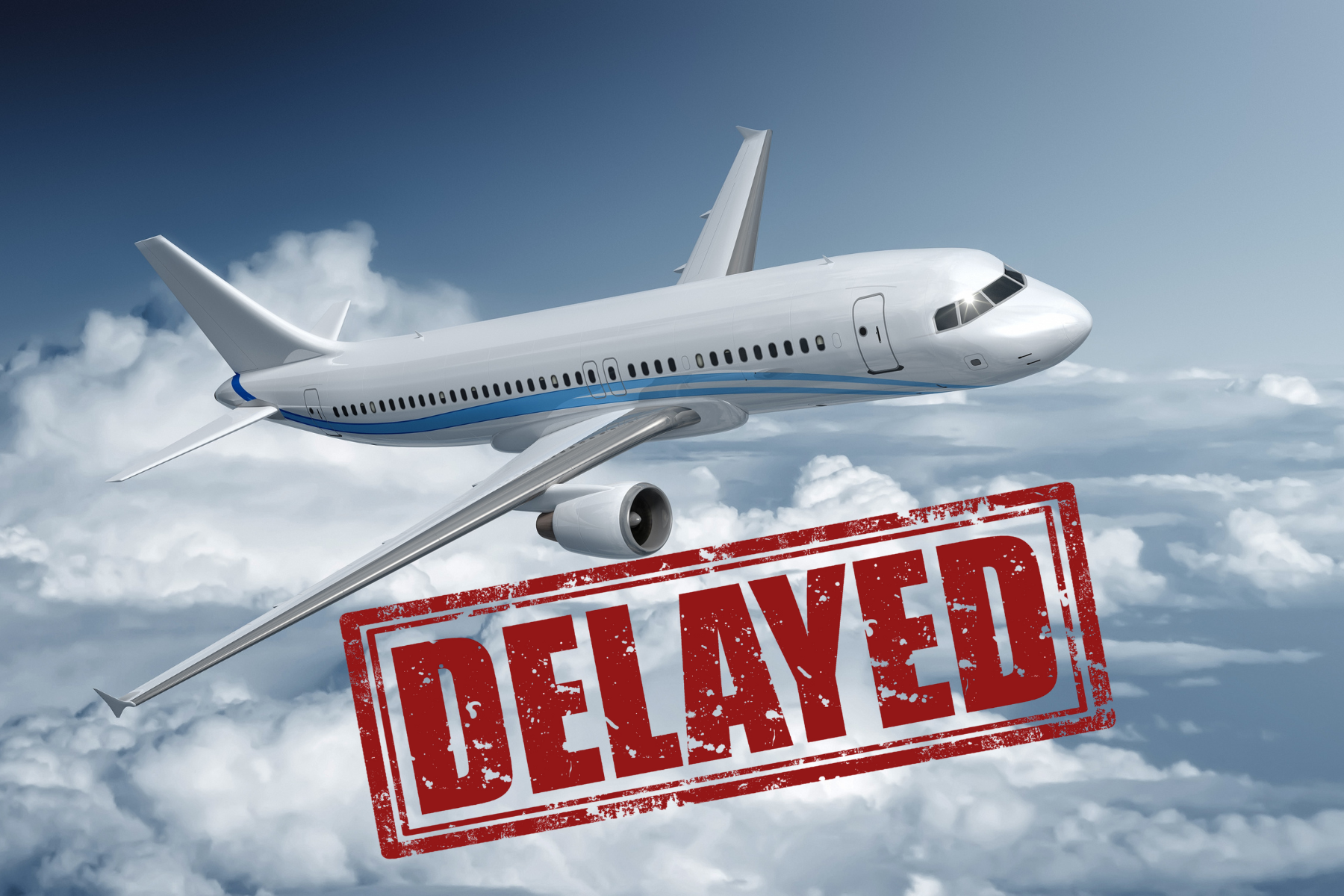 Avión en vuelo con un letrero de "Delayed" que simboliza retrasos en operaciones internacionales