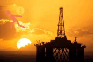 Máquina extractora de petróleo al atardecer con un gráfico superpuesto que muestra el aumento de la deuda de Pemex con proveedores nacionales y extranjeros.