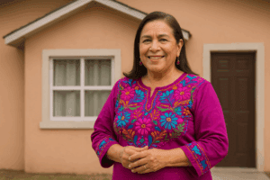 Clara Brugada sonriente, con blusa bordada, de pie frente a una casa en tono durazno