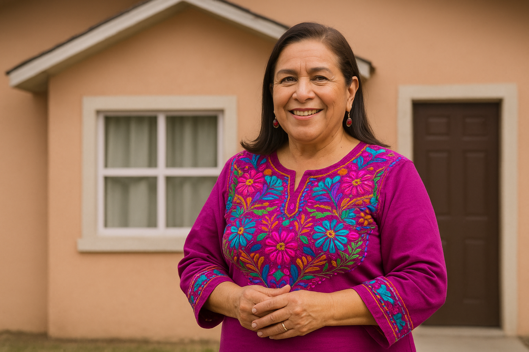 Clara Brugada sonriente, con blusa bordada, de pie frente a una casa en tono durazno
