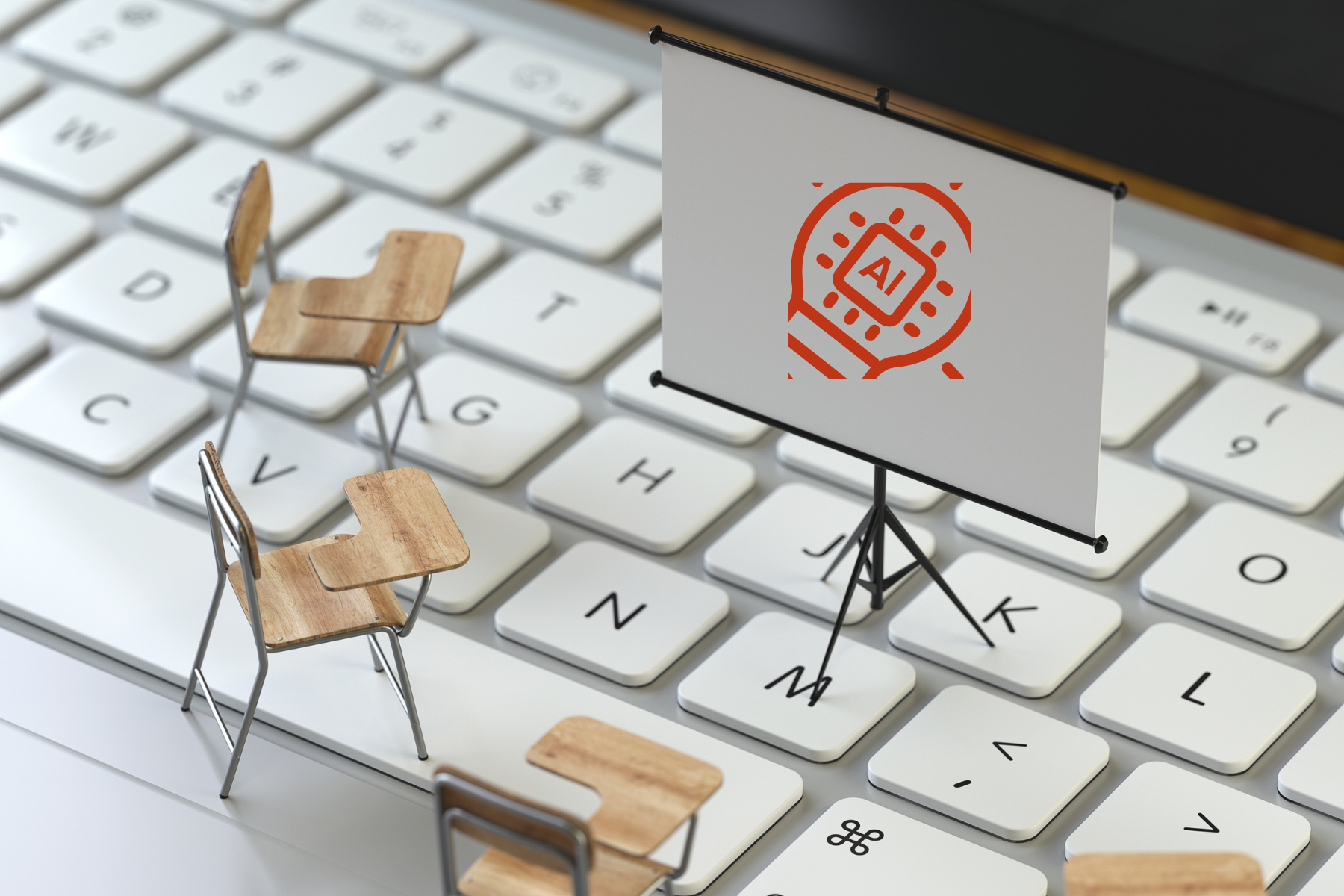 Imagen de un teclado frente a pupitres en un aula, con un pizarrón que muestra un símbolo de inteligencia artificial, representando la necesidad de formación en IA en el ámbito laboral de México.