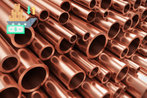 Tubos de cobre apilados junto a un gráfico que muestra el incremento del arancel del 50 % en Estados Unidos.