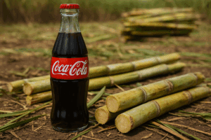 Botella de Coca-Cola colocada sobre un campo de caña de azúcar recién cosechada
