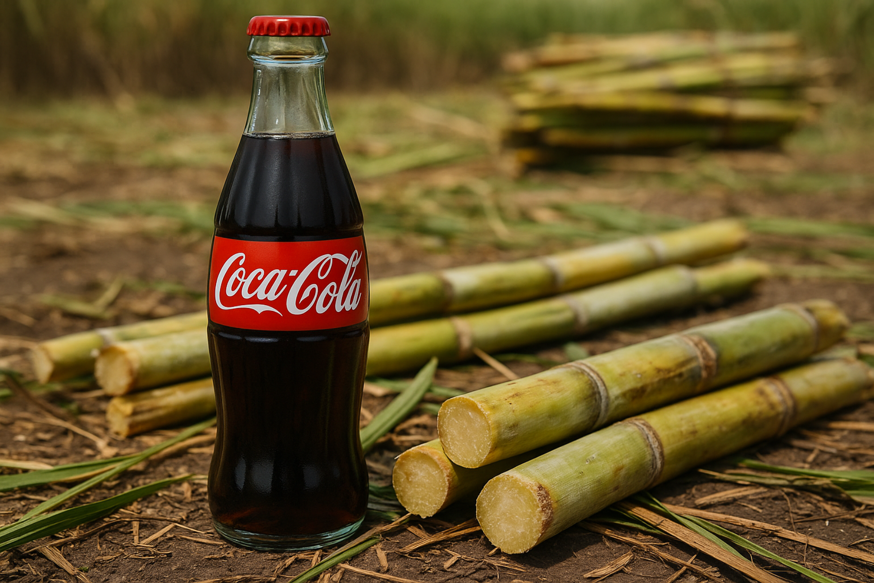 Botella de Coca-Cola colocada sobre un campo de caña de azúcar recién cosechada