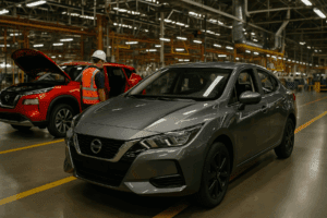 Automóviles nuevos ensamblados en una planta mexicana, con un trabajador supervisando una SUV y un sedán listos para comercialización.