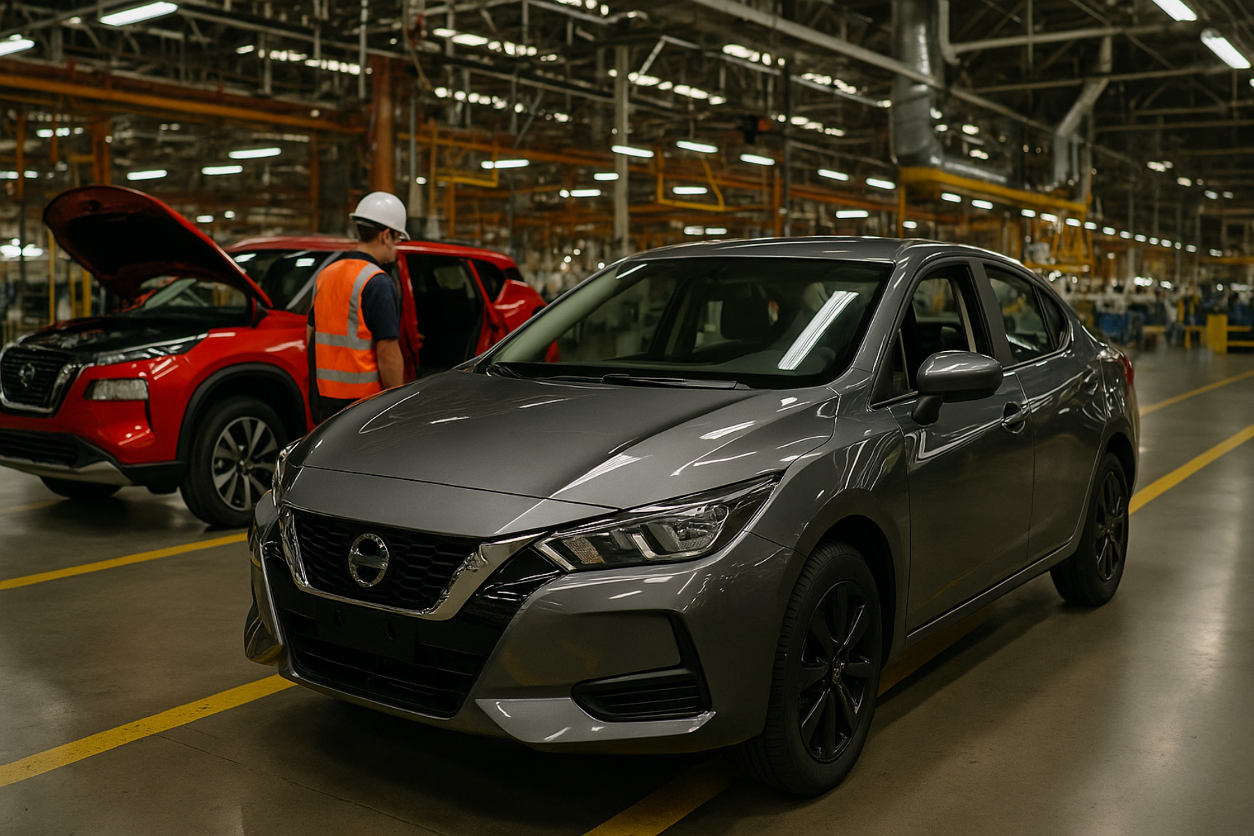 Automóviles nuevos ensamblados en una planta mexicana, con un trabajador supervisando una SUV y un sedán listos para comercialización.