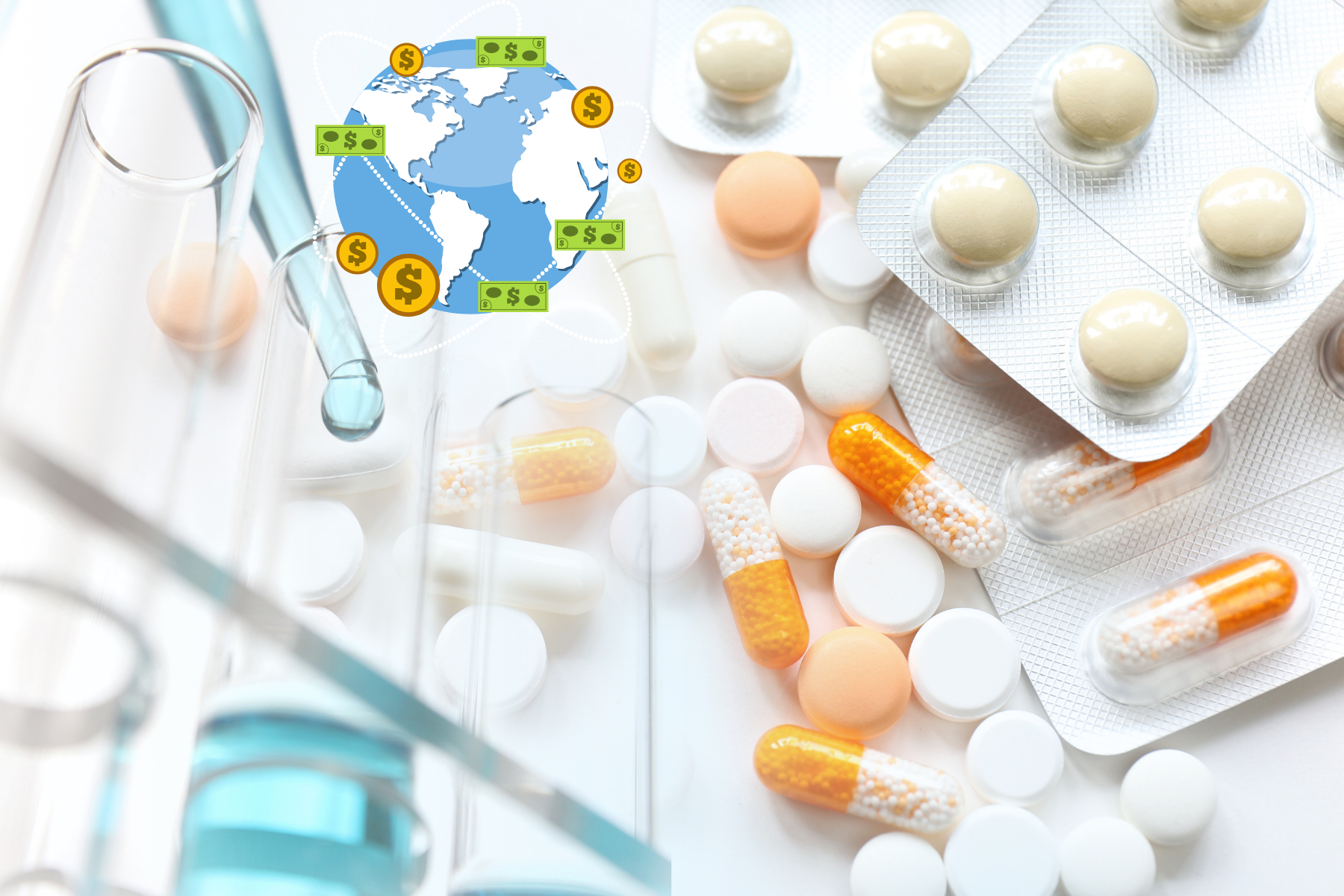rascos de pastillas sobre una mesa junto a un gráfico que muestra la balanza comercial de medicamentos entre México y Estados Unidos