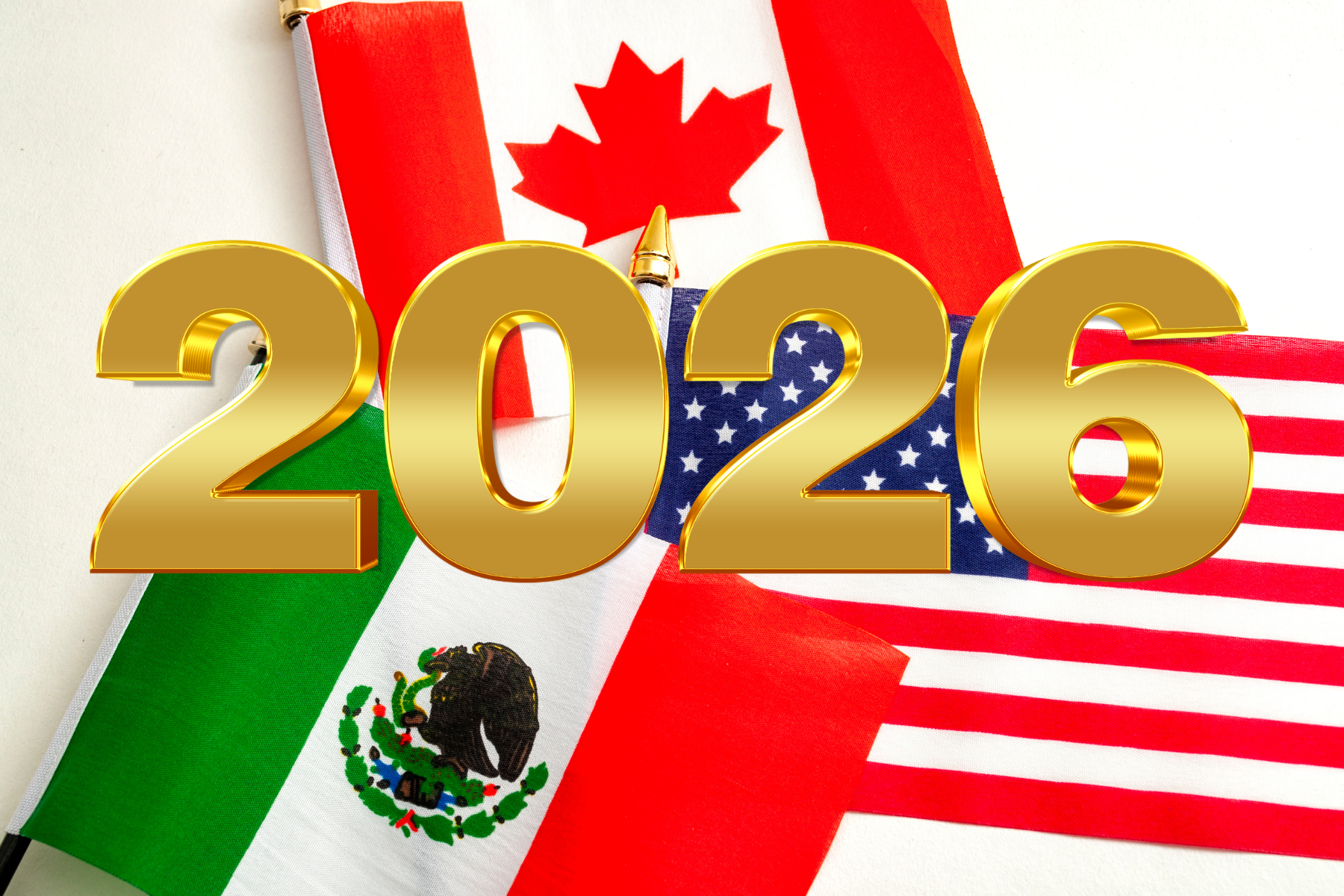 Banderas de México, Estados Unidos y Canadá junto al número 2026, representando la sede conjunta del Mundial de Futbol 2026