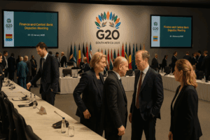 Sala de conferencias del G20 en Sudáfrica con ministros y delegados internacionales conversando