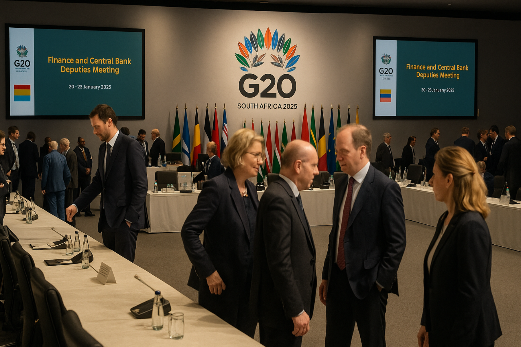 Sala de conferencias del G20 en Sudáfrica con ministros y delegados internacionales conversando