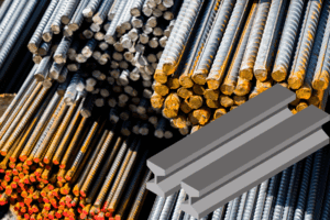 Bloques de acero y piezas de hierro apilados en un almacén industrial, listos para su distribución en proyectos de construcción