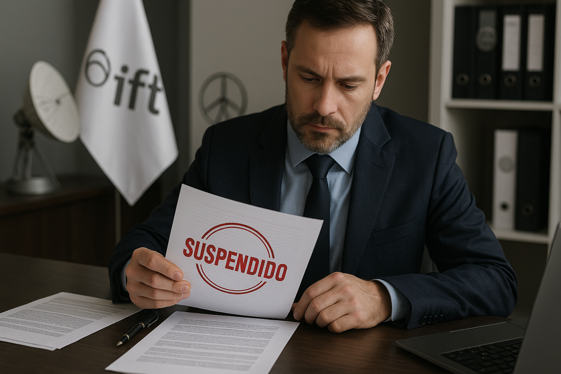 Funcionario en oficina del Instituto Federal de Telecomunicaciones examina un documento con sello de suspensión