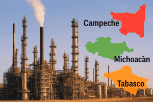 Complejo industrial con estructuras metálicas y mapas de Tabasco, Campeche y Michoacán en colores rojo, verde y naranja representando la caída en su actividad industrial.