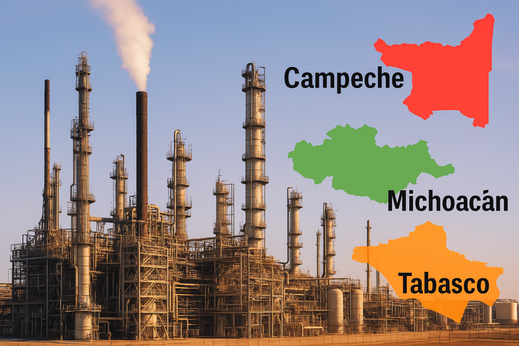 Complejo industrial con estructuras metálicas y mapas de Tabasco, Campeche y Michoacán en colores rojo, verde y naranja representando la caída en su actividad industrial.