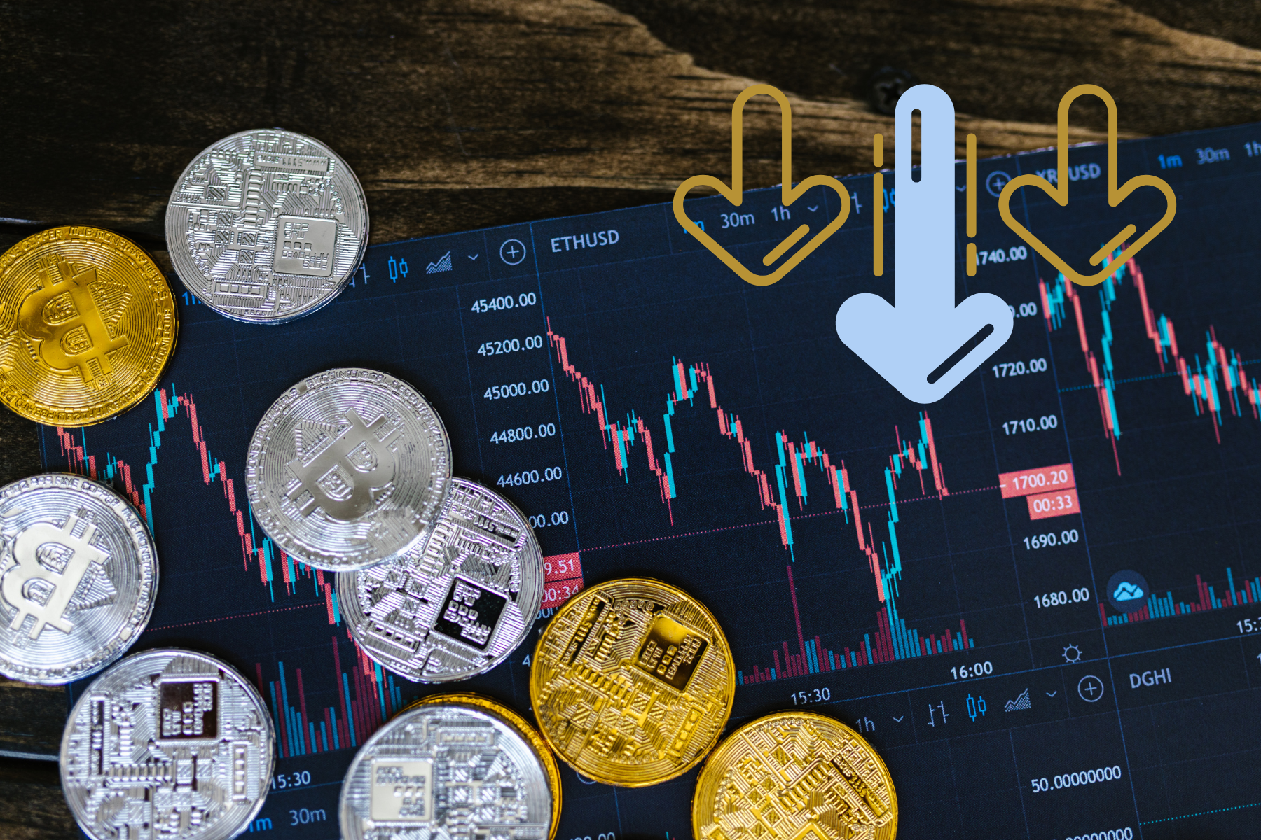 Monedas apiladas junto a gráficos y una flecha descendente, representando la caída de la inversión fija bruta y el leve aumento del consumo privado en México durante abril de 2025.