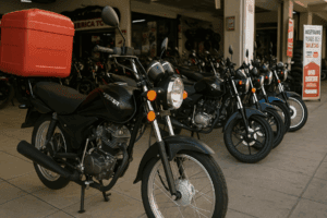 Fila de motocicletas de origen chino exhibidas en una agencia mexicana, con una unidad equipada para reparto en primer plano.