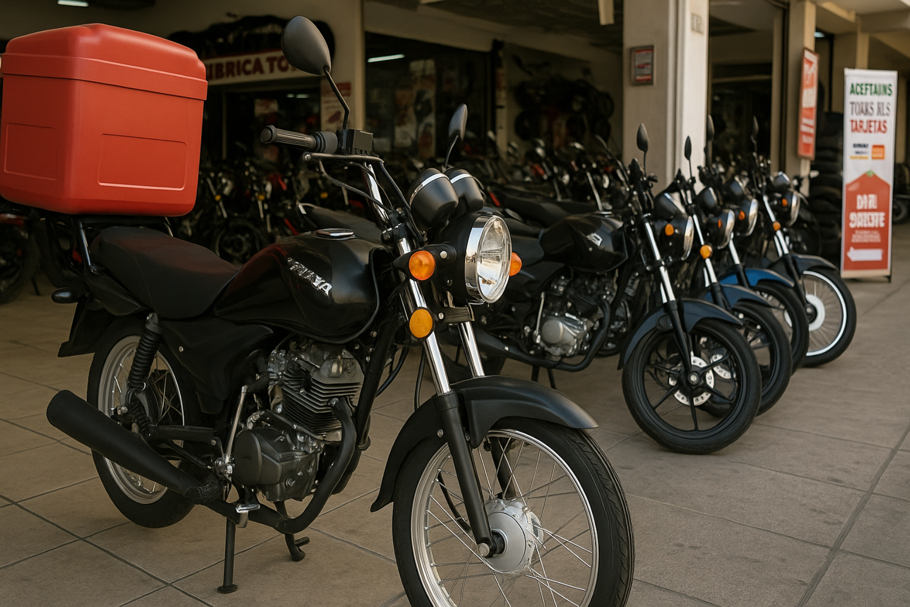 Fila de motocicletas de origen chino exhibidas en una agencia mexicana, con una unidad equipada para reparto en primer plano.